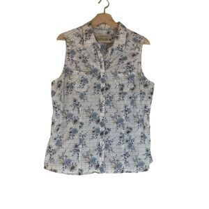 Stetson White Blue Floral Sleeveless Button Down Top Size XL